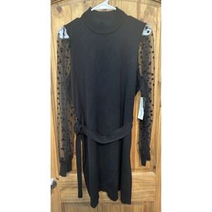 NWT Madison + Hudson Sweater Dress M Black Sheer Polka Dot Sleeve Belted